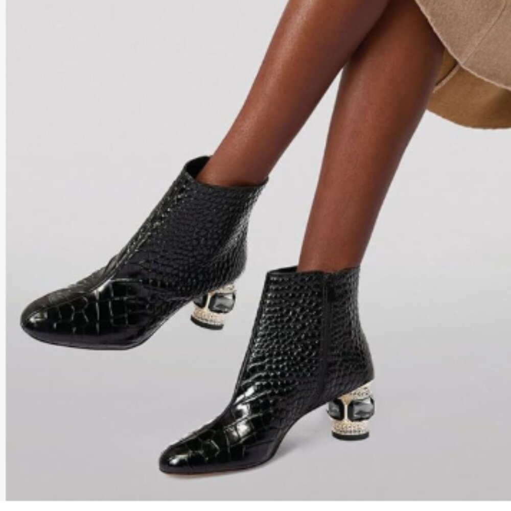 Black Round Toe Crystal Block Low Heel Ankle Boots Fashion Side Zipper Black Rou